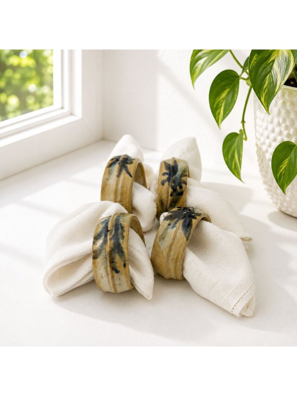 Handmade Rustic Ceramic Napkin Rings With Hand-painted Floral Design - Set Of 4